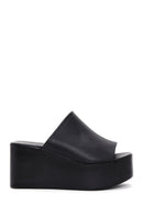 Women's Black Wedge Heeled Leather Slippers | Derimod Women's Black Wedge Heeled Leather Slippers | Derimod