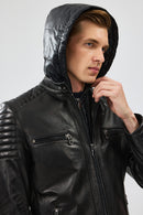 Lyon Men's Black Hooded Leather Jacket | Derimod Lyon Men's Black Hooded Leather Jacket | Derimod