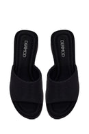 Woman Black Stone-Embellished Wedge-Heel Fabric Slipper | Derimod Woman Black Stone-Embellished Wedge-Heel Fabric Slipper | Derimod