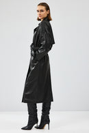 Nicole Women's Black Double Breasted Long Leather Trench Coat | Derimod Nicole Women's Black Double Breasted Long Leather Trench Coat | Derimod