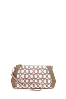 Women's Beige Long Strap Fabric Monogram Patterned Clutch Bag | Derimod Women's Beige Long Strap Fabric Monogram Patterned Clutch Bag | Derimod