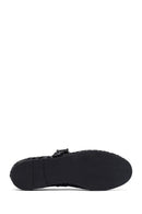 Woman Black Leopard Pattern Buckled Suede Leather Babet | Derimod Woman Black Leopard Pattern Buckled Suede Leather Babet | Derimod