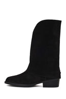 Woman Black Buckled Short Thick-Heeled Suede Boot | Derimod Woman Black Buckled Short Thick-Heeled Suede Boot | Derimod