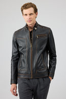 Felibe Men Black Stand Collar Vintage Leather Jacket | Derimod Felibe Men Black Stand Collar Vintage Leather Jacket | Derimod
