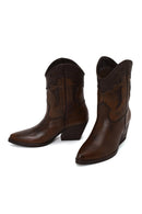 Woman Brown Short Chunky-Heeled Leather Cowboy Boots | Derimod Woman Brown Short Chunky-Heeled Leather Cowboy Boots | Derimod