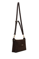 Woman Brown Printed Long-Strap Suede Shoulder Bag | Derimod Woman Brown Printed Long-Strap Suede Shoulder Bag | Derimod