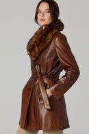 New Alexandra Camel Kadın Kürklü Deri Kaban | Derimod New Alexandra Camel Kadın Kürklü Deri Kaban | Derimod