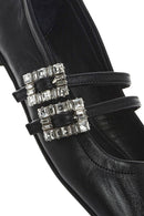 Women's Black Double Buckled Stoned Leather Ballerinas | Derimod Women's Black Double Buckled Stoned Leather Ballerinas | Derimod