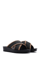 Women's Black Thick-Soled Straw Slippers | Derimod Women's Black Thick-Soled Straw Slippers | Derimod