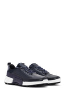 Men's Navy Blue Lace-up Thick-Sole Leather Sneaker | Derimod Men's Navy Blue Lace-up Thick-Sole Leather Sneaker | Derimod