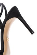 Women's Black Ankle Strap Stone Thin Heeled Leather Stiletto | Derimod Women's Black Ankle Strap Stone Thin Heeled Leather Stiletto | Derimod