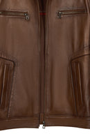 Christ Male Brown Mandarin Collar Leather Jacket | Derimod Christ Male Brown Mandarin Collar Leather Jacket | Derimod
