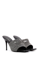 Women's Black Stone Thin Heeled Slippers | Derimod Women's Black Stone Thin Heeled Slippers | Derimod