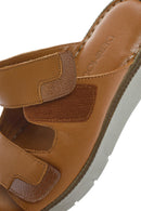 Women's Tan Double-Strap Leather Comfort Slippers | Derimod Women's Tan Double-Strap Leather Comfort Slippers | Derimod