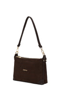 Woman Brown Printed Long-Strap Suede Shoulder Bag | Derimod Woman Brown Printed Long-Strap Suede Shoulder Bag | Derimod