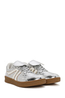 Women's Silver Lace-Up Metallic Sneakers | Derimod Women's Silver Lace-Up Metallic Sneakers | Derimod