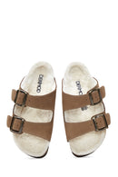 Women's Mink Double Buckled Leather Slippers | Derimod Women's Mink Double Buckled Leather Slippers | Derimod