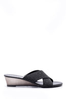 Women's Black Stone Wedge Heel Open Back Slippers | Derimod Women's Black Stone Wedge Heel Open Back Slippers | Derimod