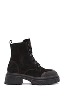 Women's Black Zippered Suede Leather Combat Boots | Derimod Women's Black Zippered Suede Leather Combat Boots | Derimod