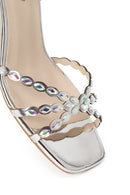 Woman Silver Ankle-Strap Buckled Embellished Chunky-Heel Sandal | Derimod Woman Silver Ankle-Strap Buckled Embellished Chunky-Heel Sandal | Derimod