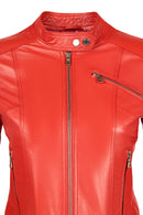Kylie Woman Red Stand Collar Short Leather Jacket | Derimod Kylie Woman Red Stand Collar Short Leather Jacket | Derimod