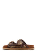 Women's Multi-Colored Double Buckled Straw Leather Slippers | Derimod Women's Multi-Colored Double Buckled Straw Leather Slippers | Derimod