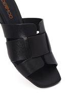 Women's Black Short Thick Heeled Leather Slippers | Derimod Women's Black Short Thick Heeled Leather Slippers | Derimod