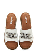 Women's White Thick Soled Chain Leather Slippers | Derimod Women's White Thick Soled Chain Leather Slippers | Derimod