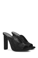 Women's Black Thick High Heeled Stoned Leather Slippers | Derimod Women's Black Thick High Heeled Stoned Leather Slippers | Derimod