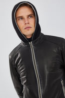 Tatum Men's Black Hooded Sports Leather Coat | Derimod Tatum Men's Black Hooded Sports Leather Coat | Derimod