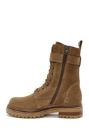 Women's Brown Zippered Suede Leather Combat Boots | Derimod Women's Brown Zippered Suede Leather Combat Boots | Derimod