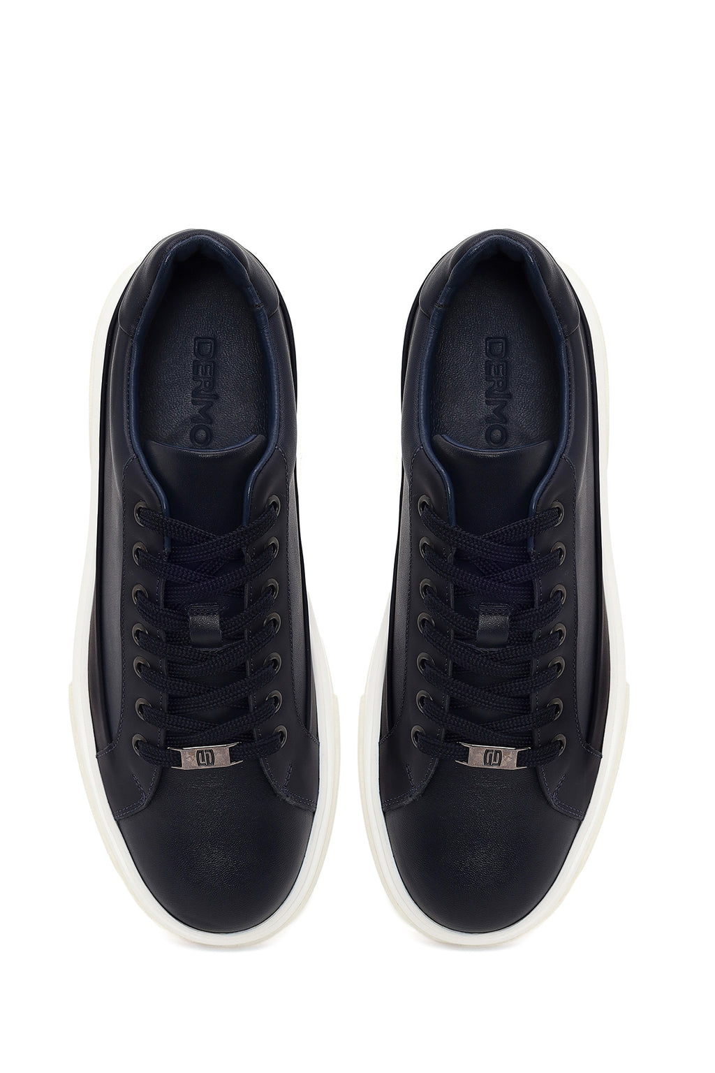 Erkek Lacivert Bağcıklı Kalın Tabanlı Deri Sneaker