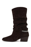 Woman Dark Mink Thick-Heeled Suede Cowboy Boots | Derimod Woman Dark Mink Thick-Heeled Suede Cowboy Boots | Derimod