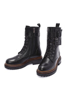 Women's Black Zippered Lace-Up Leather Combat Boots | Derimod Women's Black Zippered Lace-Up Leather Combat Boots | Derimod