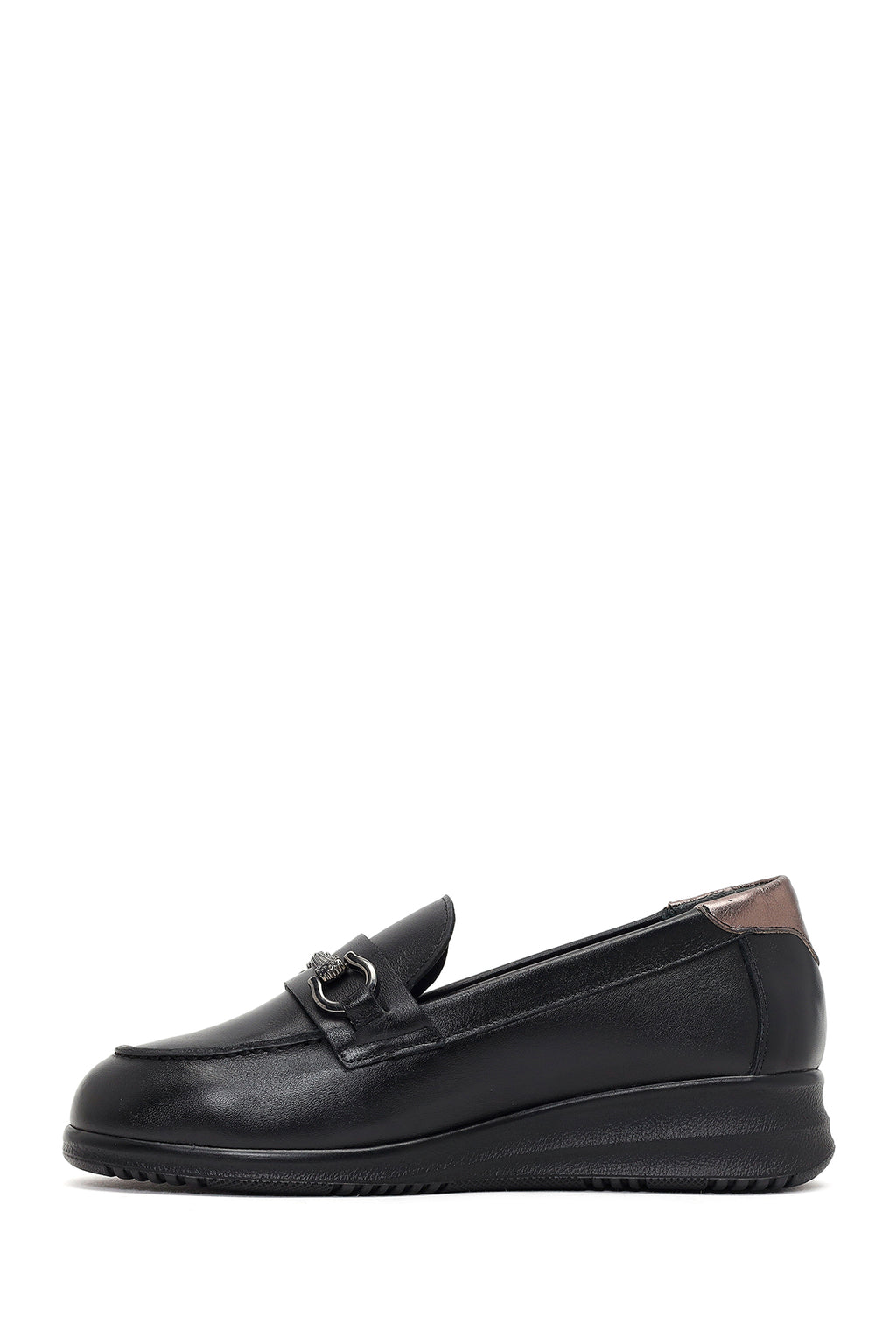 Kadın Siyah Tokalı Dolgu Topuklu Deri Comfort Loafer