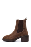 Woman Mink Thick-Heeled Suede Chelsea Boots | Derimod Woman Mink Thick-Heeled Suede Chelsea Boots | Derimod