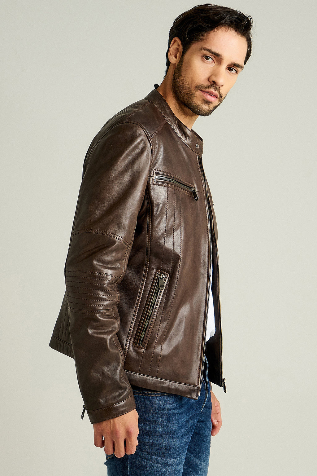 Demar Erkek Kahverengi Slim-Fit Deri Ceket