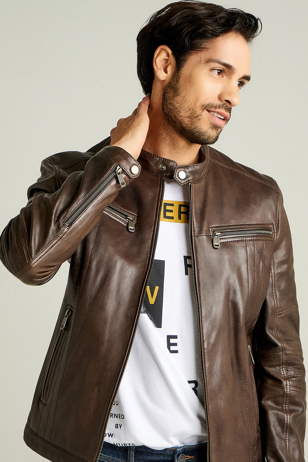 Demar Erkek Kahverengi Slim-Fit Deri Ceket