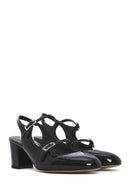 Women's Black Double Buckled Open Back Thick Heel Patent Leather Shoes | Derimod Women's Black Double Buckled Open Back Thick Heel Patent Leather Shoes | Derimod