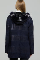 Dalia Kadın Lacivert Kapüşonlu Deri Kaban | Derimod Dalia Kadın Lacivert Kapüşonlu Deri Kaban | Derimod