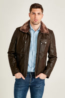 Angelo Men's Brown Leather Jacket with Fur Collar | Derimod Angelo Men's Brown Leather Jacket with Fur Collar | Derimod