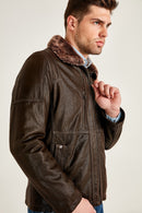 Angelo Men's Brown Leather Jacket with Fur Collar | Derimod Angelo Men's Brown Leather Jacket with Fur Collar | Derimod