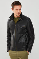 Muller Men's Black Leather Jacket | Derimod Muller Men's Black Leather Jacket | Derimod