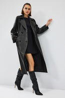 Nicole Women's Black Double Breasted Long Leather Trench Coat | Derimod Nicole Women's Black Double Breasted Long Leather Trench Coat | Derimod