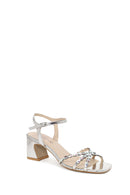 Woman Silver Ankle-Strap Buckled Embellished Chunky-Heel Sandal | Derimod Woman Silver Ankle-Strap Buckled Embellished Chunky-Heel Sandal | Derimod