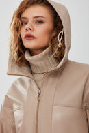 Roma Kadın Bej Kapüşonlu Çift Taraflı Oversize Deri Ceket | Derimod Roma Kadın Bej Kapüşonlu Çift Taraflı Oversize Deri Ceket | Derimod