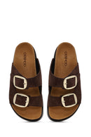 Women's Brown Double Buckle Thick Sole Suede Leather Slippers | Derimod Women's Brown Double Buckle Thick Sole Suede Leather Slippers | Derimod