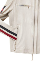 Storm Men's White Slim-Fit Leather Jacket with Emblem | Derimod Storm Men's White Slim-Fit Leather Jacket with Emblem | Derimod