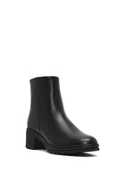 Woman Black Zip Closure Short Thick-Heeled Leather Boots | Derimod Woman Black Zip Closure Short Thick-Heeled Leather Boots | Derimod