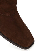 Woman Brown Buckled Short Thick-Heeled Suede Boots | Derimod Woman Brown Buckled Short Thick-Heeled Suede Boots | Derimod